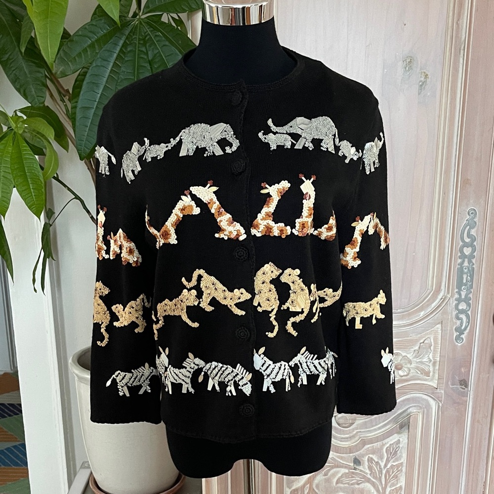 Vintage Michael Simon New York sequined safari animal cardigan